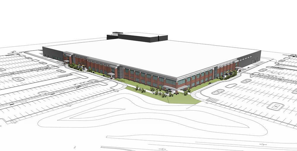 Aerial stick rendering of Gentex new 250,000 square-foot manufacturing facility including parking lots